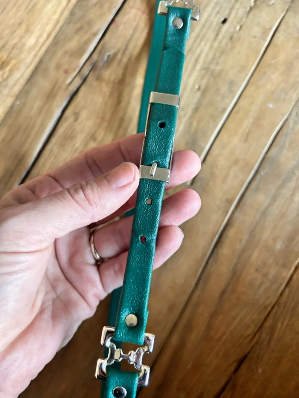 VTG emerald green belt Slim Teal Leather Women's Belt Silver Hardware detail sm
